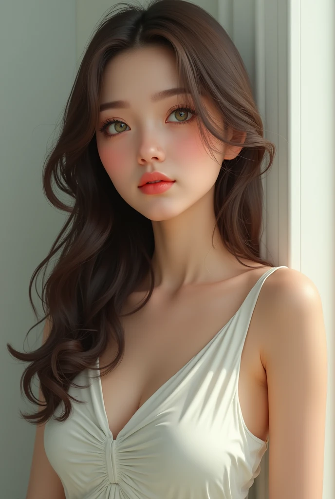 a realistic young woman with long hair, smooth and brown. She has big light colored eyes, which appear to be green or hazel, and her eyelashes are long and defined. His facial expression is neutral, looking up as if focusing on something above her.
The skin is clear, with a uniform tone. Their lips are medium sized and closed., with a slight downward curve, which gives it a thoughtful or introspective expression.
She is wearing a white sleeveless blouse and sexy legs and light green dress pants that are not too wide., In addition to some black heels that highlight her feet