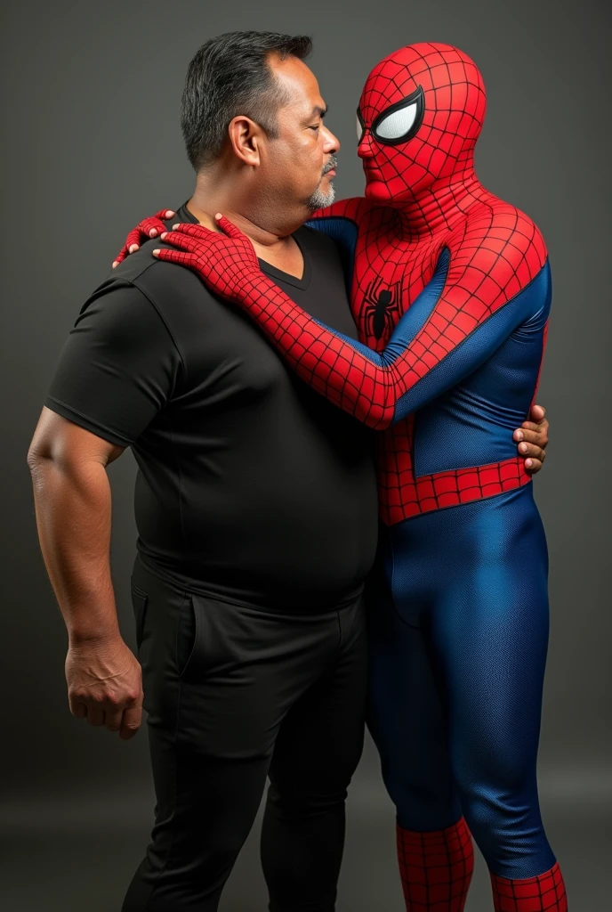 Indonesian middle-aged man, stocky and slightly stocky, wearing black Lycra, sodomized by a grandfather wearing a Spiderman costume