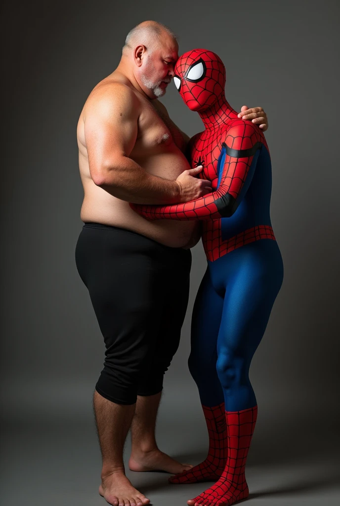 Indonesian middle-aged man, stocky and slightly stocky, wearing black Lycra, sodomized by a grandfather wearing a Spiderman costume