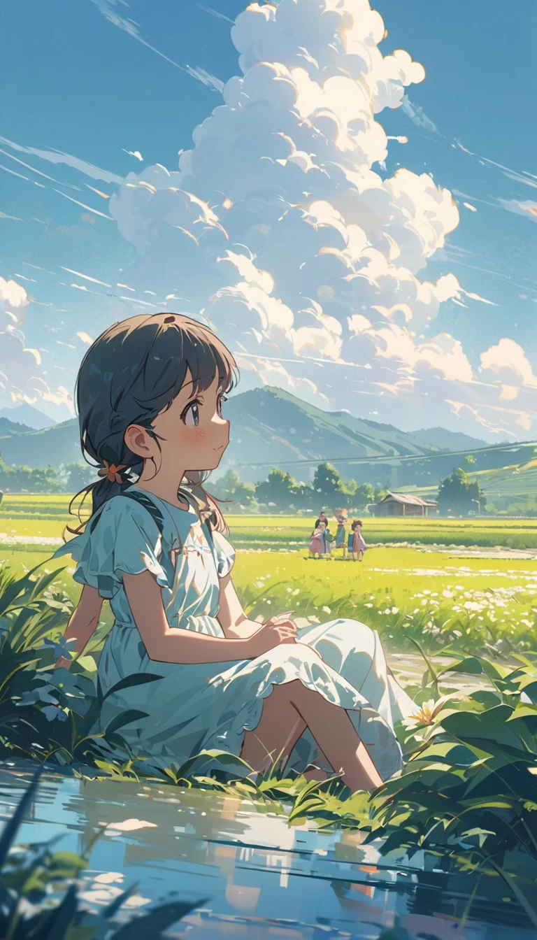 In the summer, Two children sitting on the grass in rural China, Watching the white clouds drift across the blue sky, Surrounded by lush fields under the sun, Create a peaceful and beautiful scenery. Inspired by the style of animation, high resolution, high quality, High Detail, high noise, Fine details, This illustration captures the essence of a quiet country day,The focus is on the children's faces.