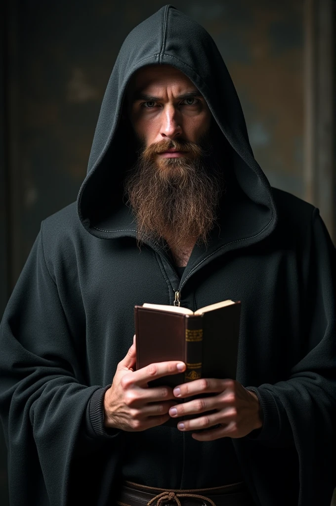 Front portrait of a mysterious and handsome 22 year old Viking man. He's muscular, with medium length brown beard, wearing a dark hooded cloak. The environment is dark and poorly lit, enhancing the air of mystery. He holds a Bible with both hands, with an intense and enigmatic expression.