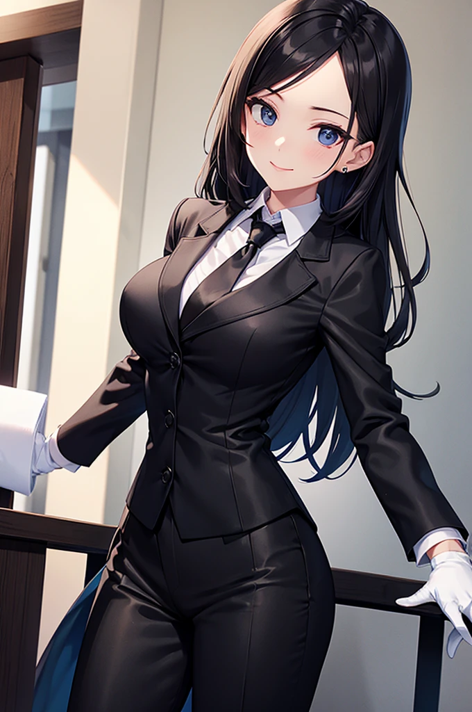 A woman in a black pantsuit White dress shirt No tie smile Black gloves