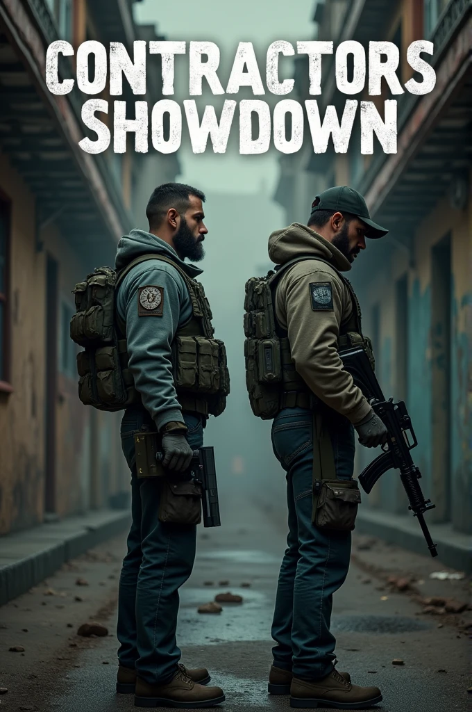 Two guys holding guns back to back with the word contractors showdown above it