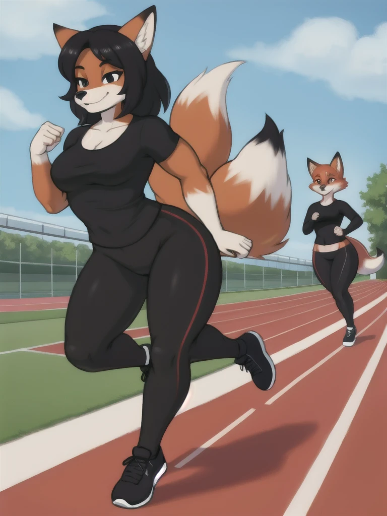 Furry, fox, female, black shirt, black leggings, shoes, running track, friends, full body