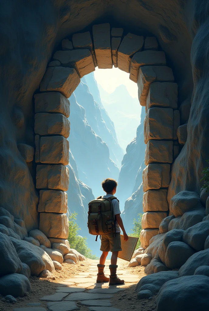 A boy with a backpack and a map in a mountain cave with a stone door blocking the way 