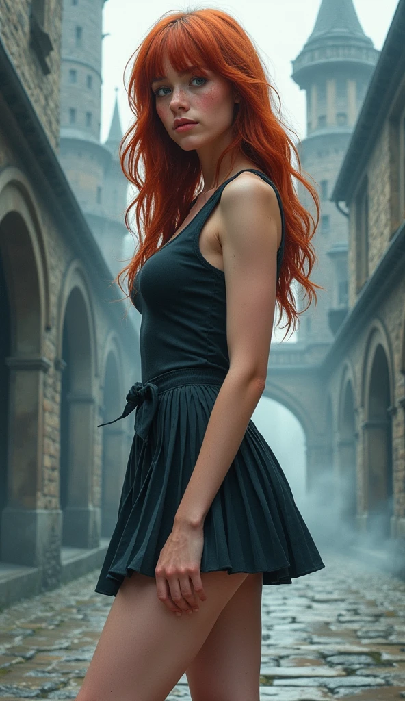 The girl is turned back with her back, in long red
dress, with milded hair dyed gradient