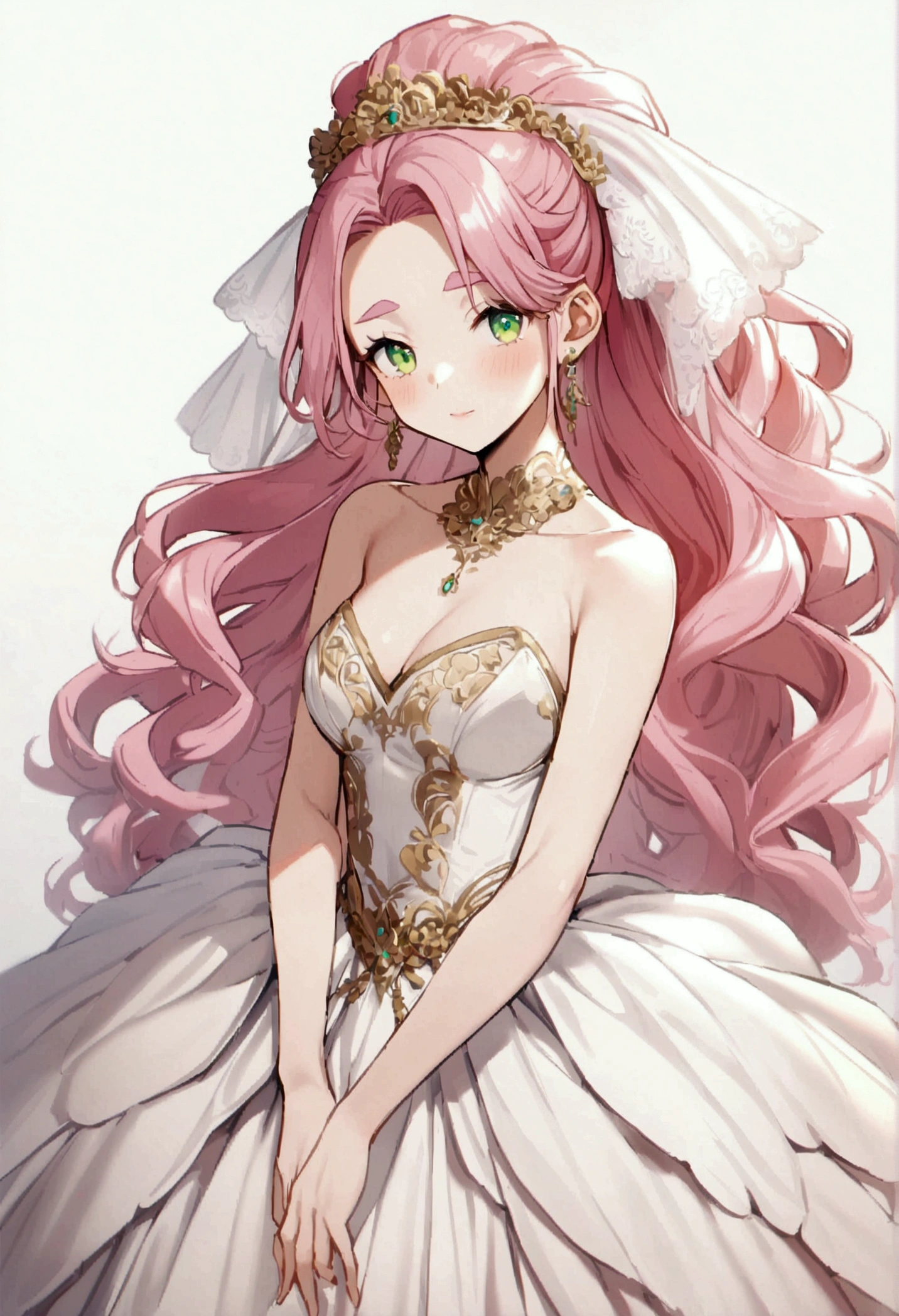 30 years old girl, pink hair, purple ponytail, long hair, wavy hair, pink eyebrows, green eyes, wearing gold earrings, wearing a wedding dress