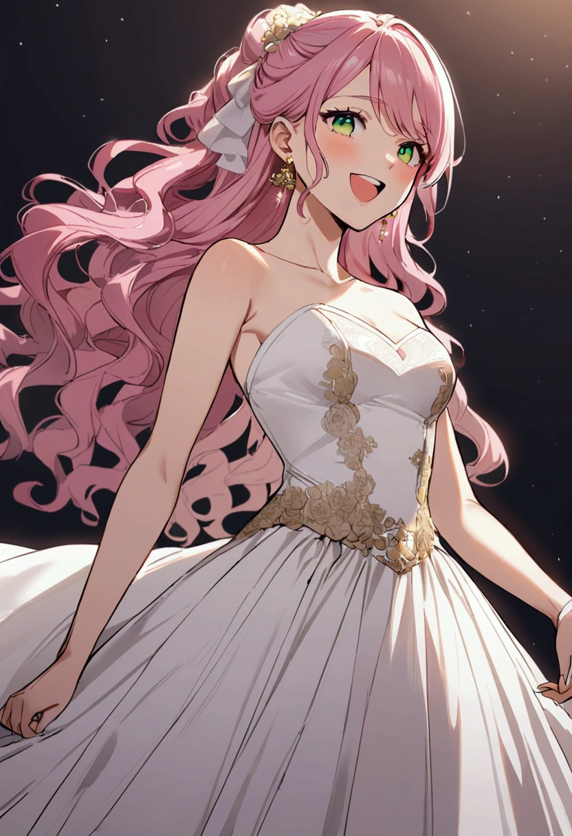 30 years old girl, pink hair, purple ponytail, long hair, wavy hair, pink eyebrows, green eyes, wearing gold earrings, wearing a wedding dress