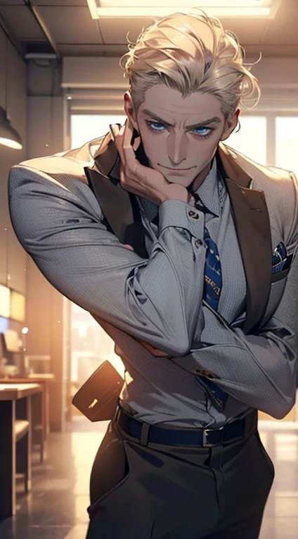 (best quality,4k,8k,highres,masterpiece:1.2),ultra-detailed,(realistic,photorealistic,photo-realistic:1.37),1 man,3,mature man,very handsome,without expression,smile,short grey golden hair,blue eyes,penetrating gaze,perfect face without errors,imposing posture,businessman,office background,cinematic lighting,hdr image