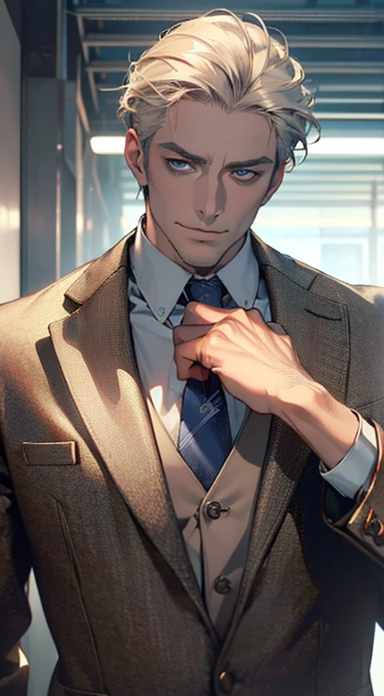 (best quality,4k,8k,highres,masterpiece:1.2),ultra-detailed,(realistic,photorealistic,photo-realistic:1.37),1 man,3,mature man,very handsome,without expression,smile,short grey golden hair,blue eyes,penetrating gaze,perfect face without errors,imposing posture,businessman,office background,cinematic lighting,hdr image