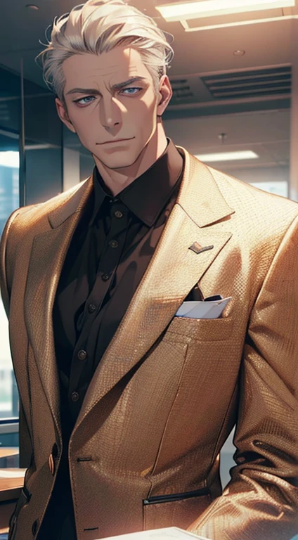 (best quality,4k,8k,highres,masterpiece:1.2),ultra-detailed,(realistic,photorealistic,photo-realistic:1.37),1 man,3,mature man,very handsome,without expression,smile,short grey golden hair,blue eyes,penetrating gaze,perfect face without errors,imposing posture,businessman,office background,cinematic lighting,hdr image