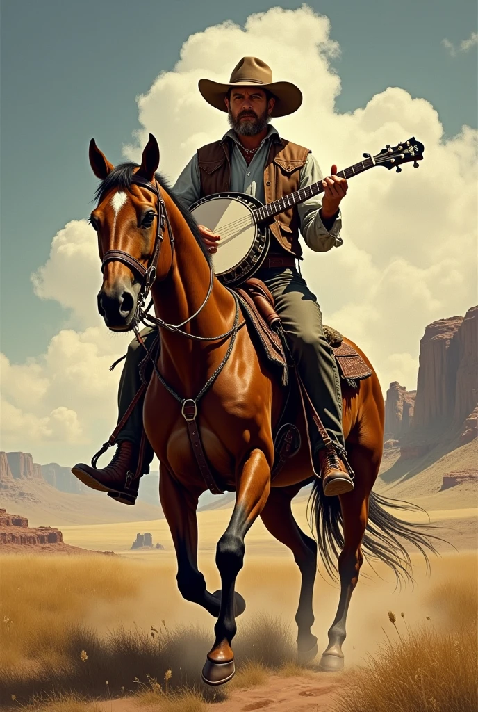 Album cover cowboy playing banjo riding horse