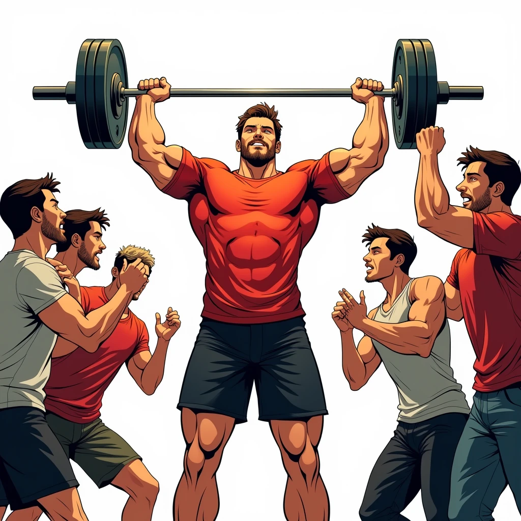 comic art style, best quality, masterpiece, full body image of 25 year old man wearing red tshirt and black shorts, (lifts barbell), four friends cheering beside him, perfect fingers, perfect hands, perfect face, perfection, white background