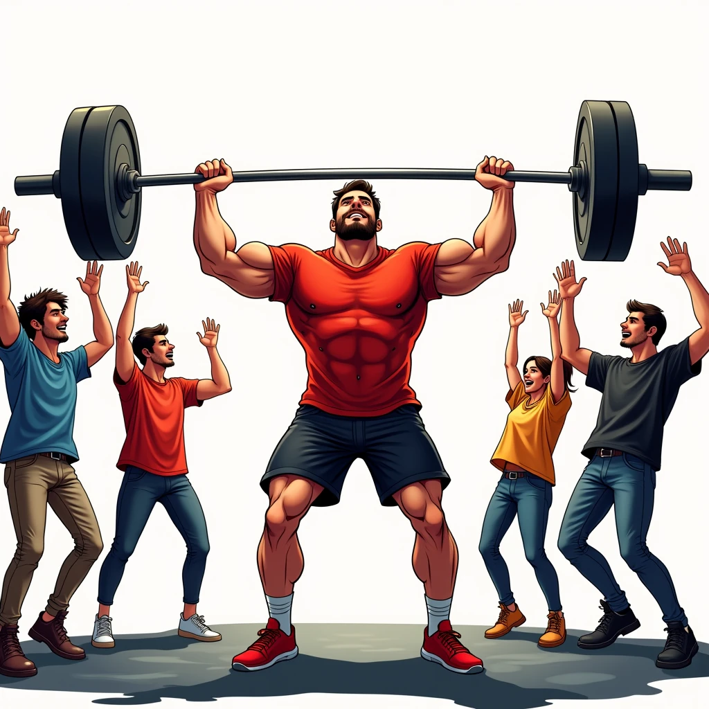 comic art style, best quality, masterpiece, full body image of 25 year old man wearing red tshirt and black shorts, (lifts barbell), four friends cheering beside him, perfect fingers, perfect hands, perfect face, perfection, white background