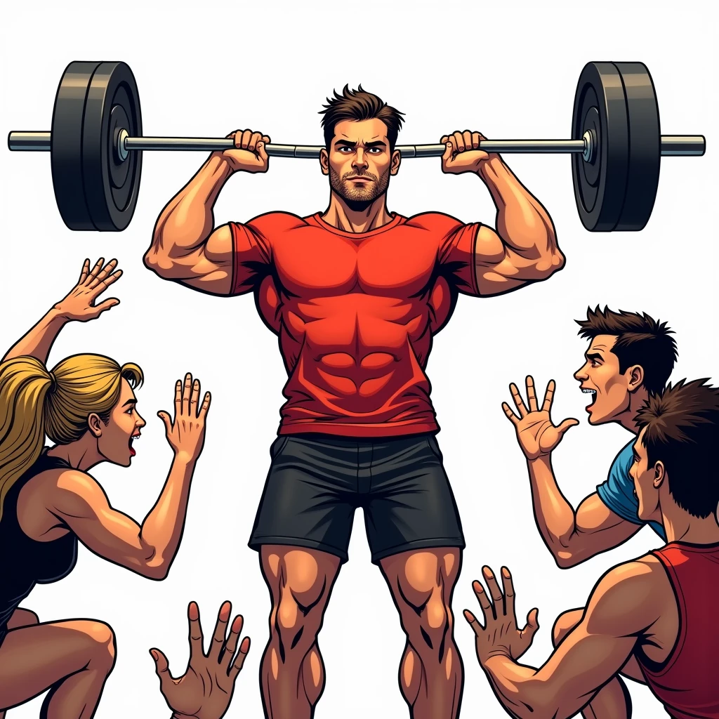 comic art style, best quality, masterpiece, full body image of 25 year old man wearing red tshirt and black shorts, (lifts barbell), four friends cheering beside him, perfect fingers, perfect hands, perfect face, perfection, white background