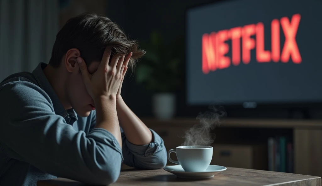 Two hands holding a tired head: With a cup of coffee beside him and an expression of deep exhaustion, with a background of a Netflix series screen: Blurry, suggesting an attempt to ignore fatigue.