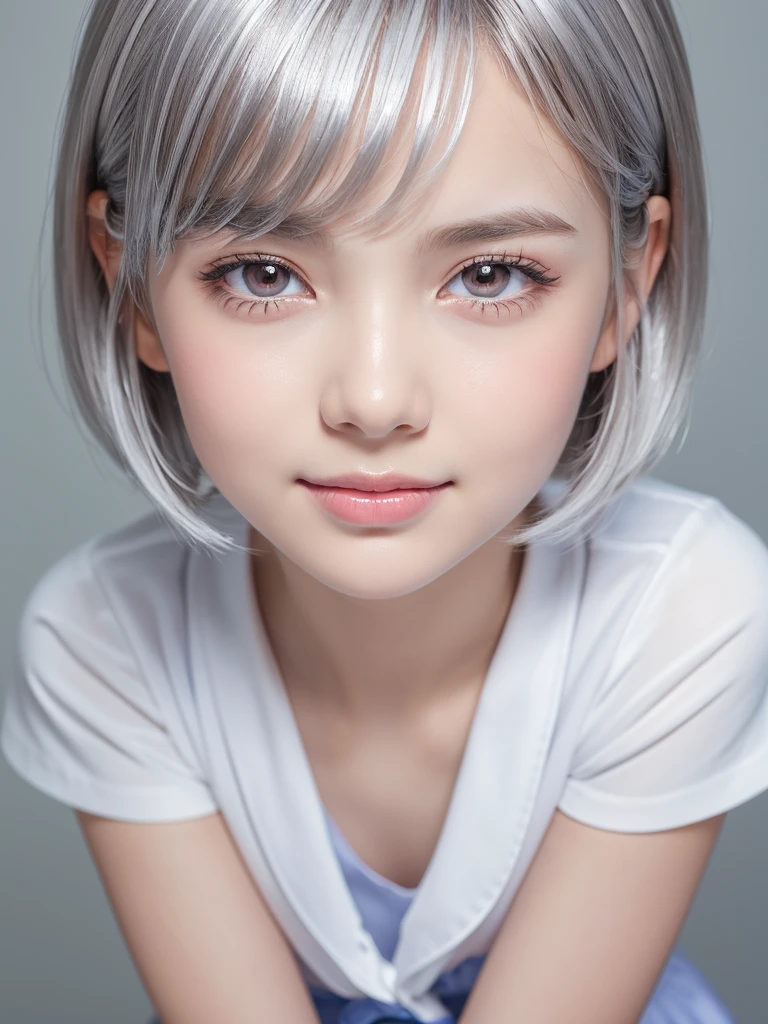 A portrait of a young girl in school uniform, with a bright expression, glowing white skin, glossy face, shimmering cheek gloss, small face, round face, best looks, bright silver hair with shimmering highlights, very beautiful glossy hair, (ultra short silver hair:1.5), beautiful shiny bangs drawing the eyes, shimmering clear alluring bright large pale blue eyes, very large eyes, downturned eyes, eyeliner, thin eyebrows, a very beautiful, lovely, and cute girl, perfect bust,masterpiece,photorealistic, 8k, high quality, masterpiece, realistic portrait