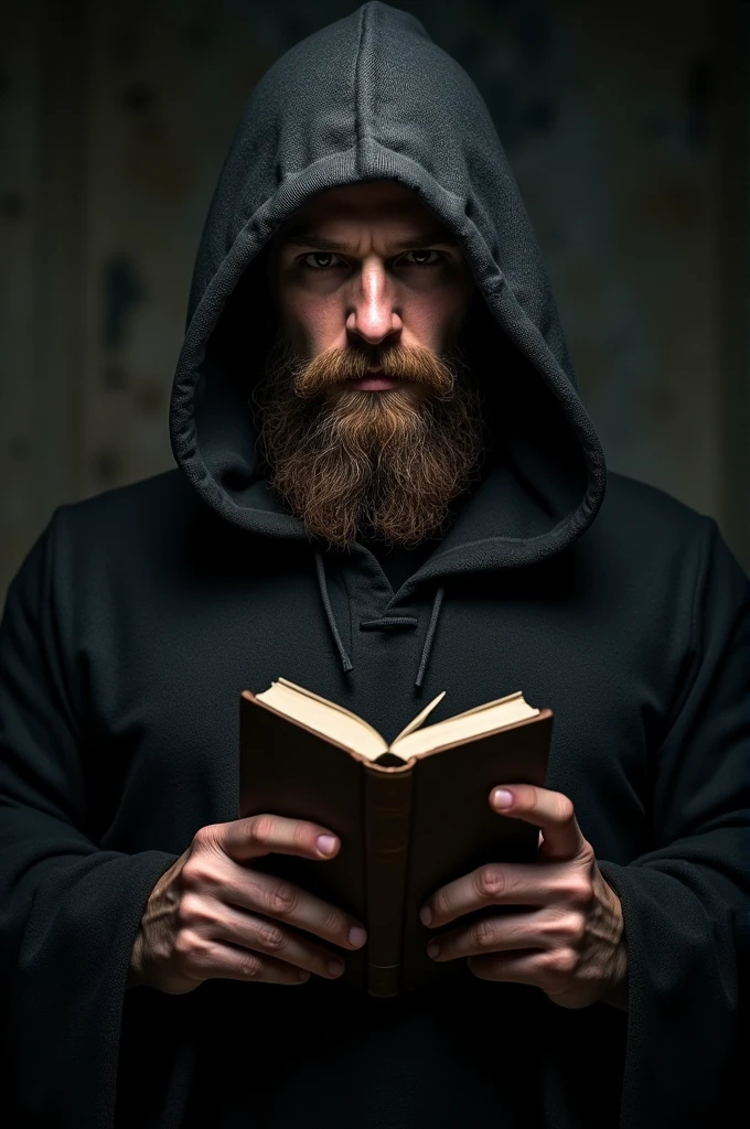 Front portrait of a mysterious and handsome 22 year old Viking man. He's muscular, with medium length brown beard, wearing a dark hooded cloak. The environment is dark and poorly lit, enhancing the air of mystery. He holds a Bible with both hands, with an intense and enigmatic expression.