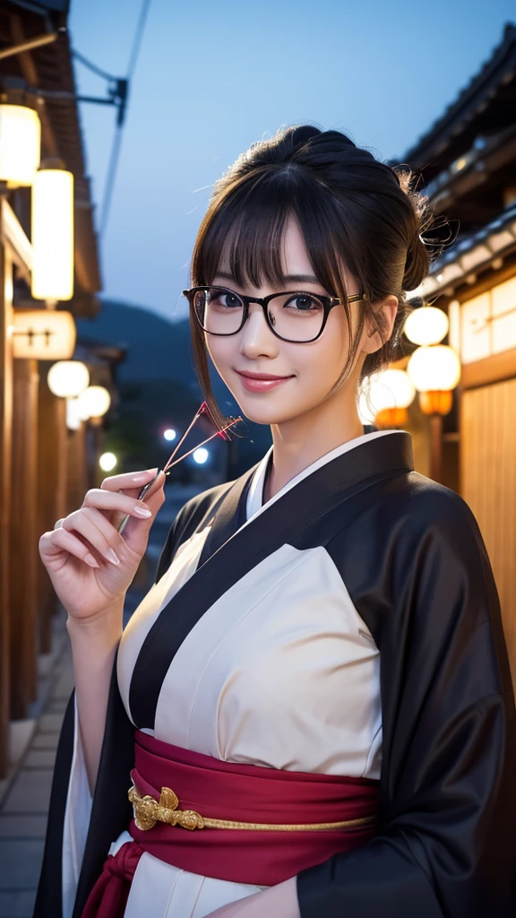 (Super beautiful woman in kimono)、((highest quality、8K masterpiece:1.3))、sharp focus:1.2、(super beautiful face:1.0)、(shiny skin:1.0)、realistic pictures、black hair、video lighting、High resolution eyes and face、video lighting、japanese actress、from the front、big breasts、with a happy smile、Slender abs beauty、whole body、wearing a kimono、in Kyoto、(((luxury obi)))、In Kyoto at night、wearing glasses with no edge、with a fan、Fireworks Display