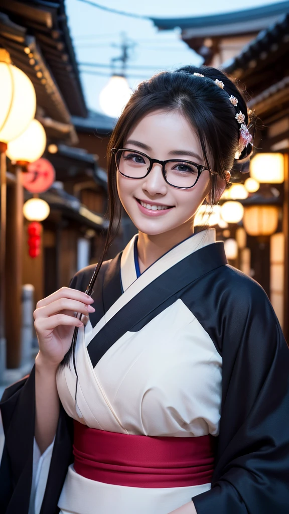 (Super beautiful woman in kimono)、((highest quality、8K masterpiece:1.3))、sharp focus:1.2、(super beautiful face:1.0)、(shiny skin:1.0)、realistic pictures、black hair、video lighting、High resolution eyes and face、video lighting、japanese actress、from the front、big breasts、with a happy smile、Slender abs beauty、whole body、wearing a kimono、in Kyoto、(((luxury obi)))、In Kyoto at night、wearing glasses with no edge、with a fan、Fireworks Display