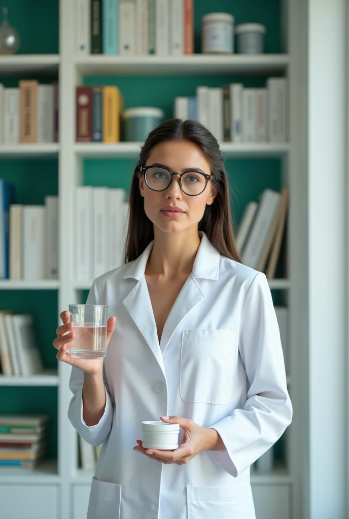 Create a woman in a white coat, glasses, holding a glass of water in his left hand and a jar of medicine in his right hand. in the background a bookshelf with books. White wall with green details