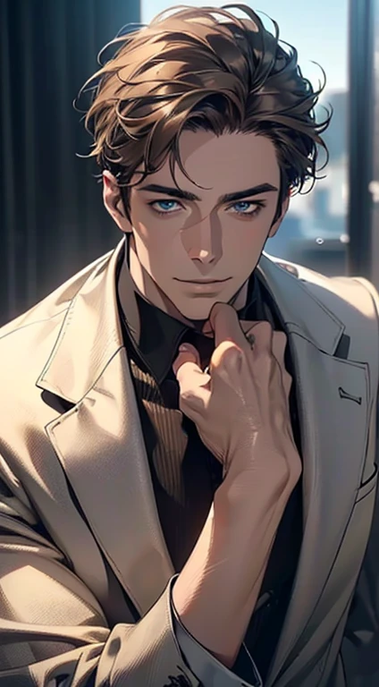 (best quality,4k,8k,highres,masterpiece:1.2),ultra-detailed,(realistic,photorealistic,photo-realistic:1.37),1 man,3,mature man,very handsome,without expression,smile,short grey brown hair,blue eyes,penetrating gaze,perfect face without errors,imposing posture,businessman,office background,cinematic lighting,hdr image