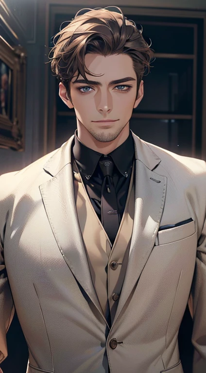 (best quality,4k,8k,highres,masterpiece:1.2),ultra-detailed,(realistic,photorealistic,photo-realistic:1.37),1 man,3,mature man,very handsome,without expression,smile,short grey brown hair,blue eyes,penetrating gaze,perfect face without errors,imposing posture,businessman,office background,cinematic lighting,hdr image