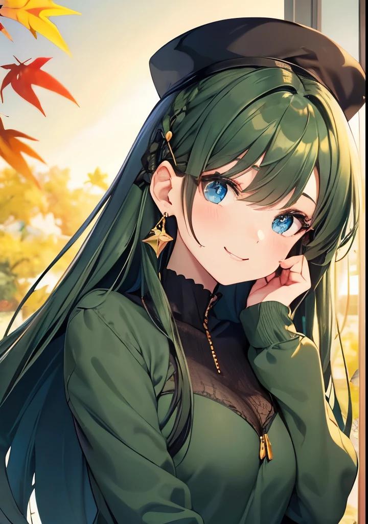((dark dark green hair color emphasis)), looking front, upper body image, hands on head in rabbit pose, beautiful 5 fingers, (dark dark green hair color emphasis), long straight hair, cute shaped round eyes (droopy), big blue eyes, kind and pretty face, autumn Gothic ta Coordinates, Cute hat, Smiling with closed mouth, Big golden star earring, Golden hair clip, Sparkling eyes, Aquarium, Focus on face, Fresh smile, Green floral print hoodie, (High quality, Golden number 5 earring, Blue eyes, Face close-up), Small breasts, Hands, Shadowless background, High quality, Face Focus on.