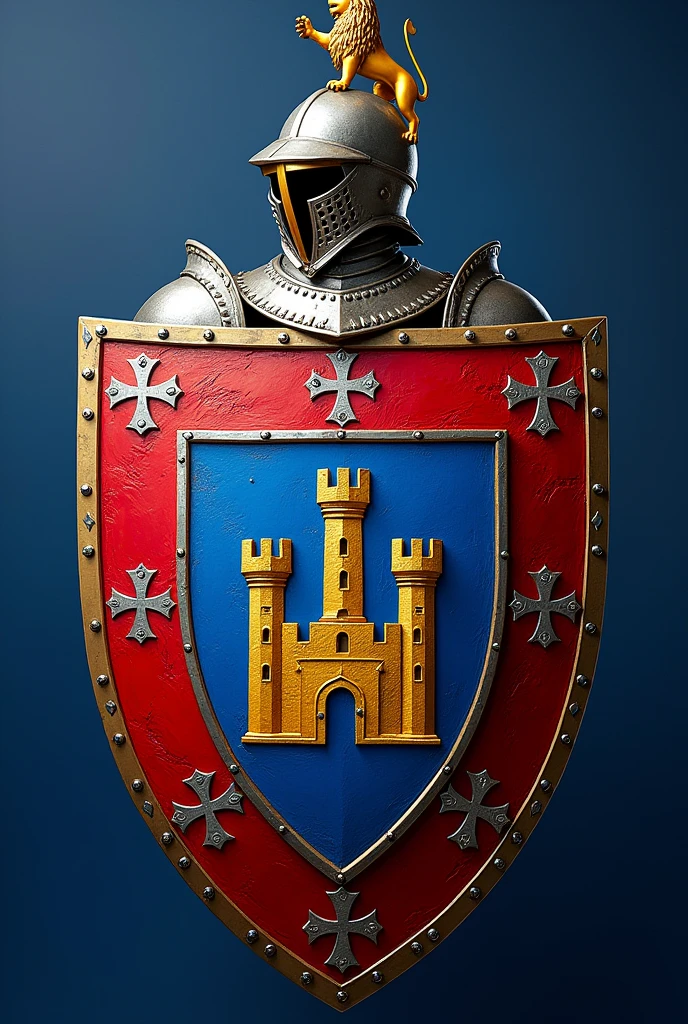 An intricate heraldic shield with a blue background (azure field). In the center, there's a prominent golden castle with three towers, symbolizing nobility and strength. Surrounding the shield is a red border (bordure) adorned with eight silver crosses, representing Christian heritage. Above the shield, a helmet with a flowing crest is depicted, and atop the helmet, a lion rampant in gold stands, symbolizing courage and valor. The design is highly detailed, reflecting the traditional style of medieval heraldry.
