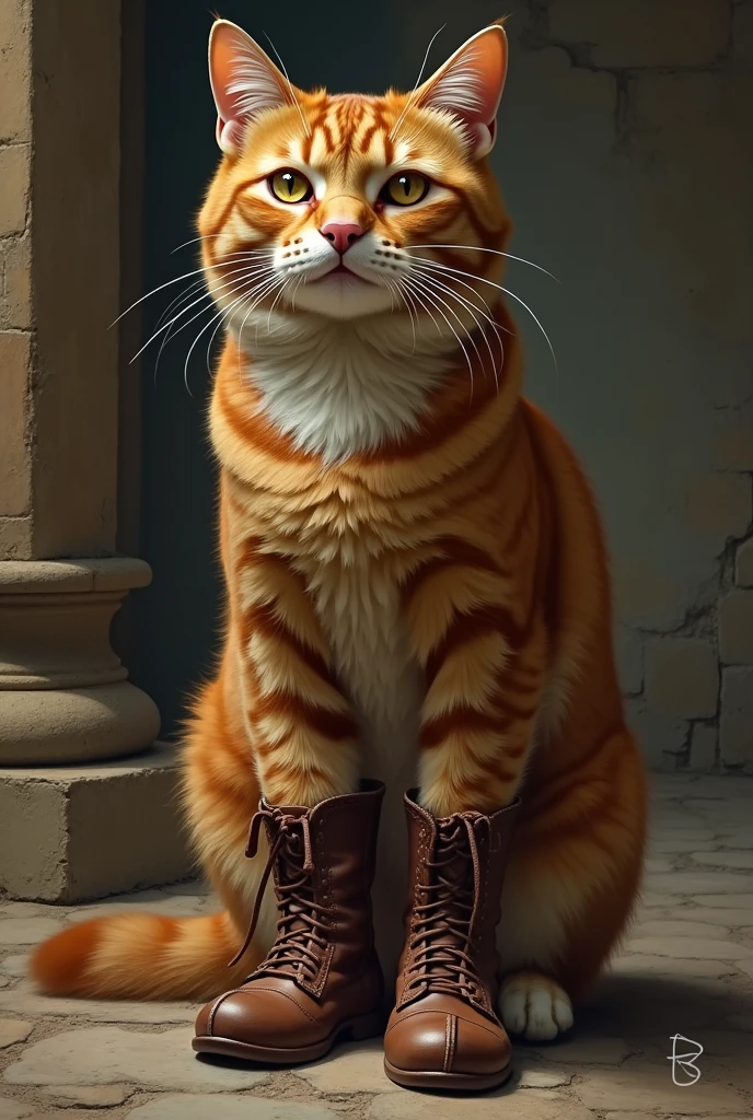Cat that has boots on its hind legs and is standing, medieval.