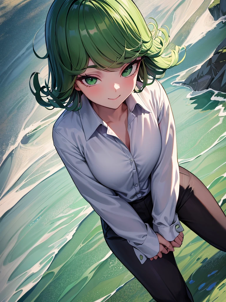 (high res, 8K, masterpiece, looking at viewer, best quality, very aesthetic, ultra detailed, ultra background, ultra Eyes) intricate details, 1girl, Tatsumaki, Wear white long sleeved shirt, long black pants, black loafers, green short hair, green eyes, smile face, Cheeks Flushed, Facing the camera, Background Campus, Cinematic Angle