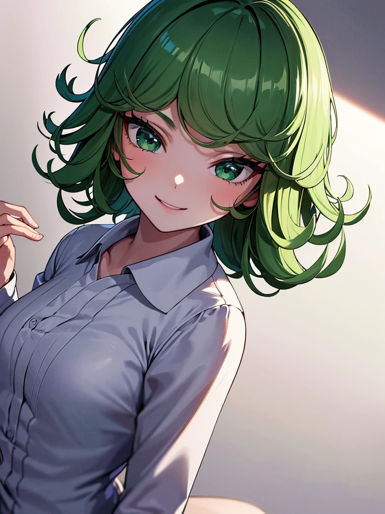 (high res, 8K, masterpiece, looking at viewer, best quality, very aesthetic, ultra detailed, ultra background, ultra Eyes) intricate details, 1girl, Tatsumaki, Wear white long sleeved shirt, long black pants, black loafers, green short hair, green eyes, smile face, Cheeks Flushed, Facing the camera, Background Campus, Cinematic Angle