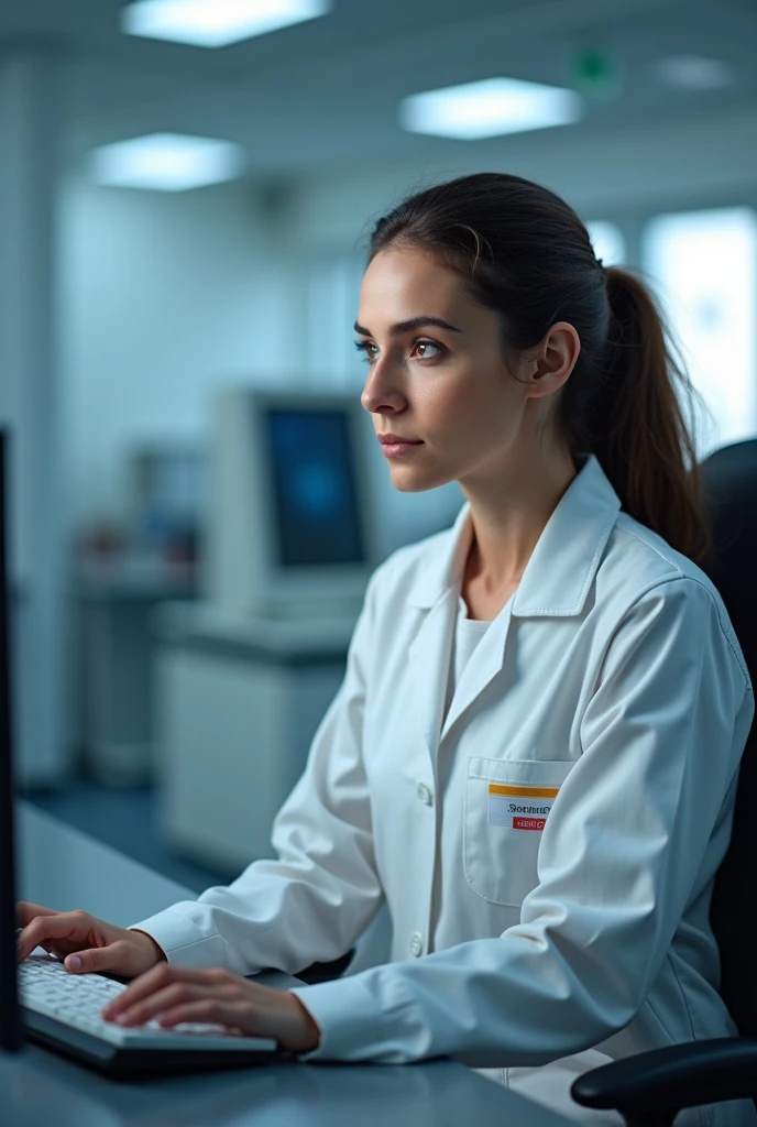 Woman, European, sitting on a chair in front of a computer, cientist, 's uniform , hall, laboratory