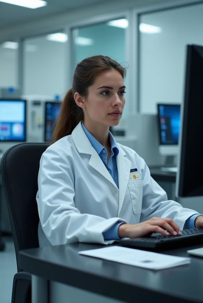 Woman, European, sitting on a chair in front of a computer, cientist, 's uniform , hall, laboratory