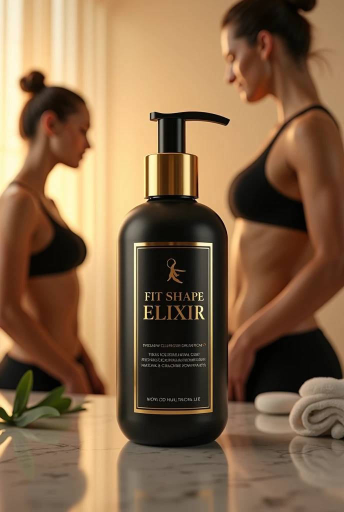 Option 1:
“Create an image of a bottle of premium liquid supplement called 'FitShape Elixir' on a black background with gold accents. The bottle is elegant and minimalist, with a gold lettering label highlighting natural ingredients like collagen and vitamins. Ao fundo, a golden silhouette of a person with a toned body and radiant skin, suggesting the benefits of the product.” Option 2:
“Create an image of a bottle of 'FitShape Elixir' in a luxurious spa setting, with details of white towels and massage stones around. The bottle is black and gold, with a label highlighting collagen and vitamins. Ao fundo, a soft silhouette of a person relaxing, reflecting health and well-being.” Option 3:
“Display the 'FitShape Elixir' bottle on a marble surface, with the elegant black and gold design reflecting soft light. Ao fundo, a window with natural light and a green plant bring freshness and vitality. A silhouette of an active, fit person appears in the background., highlighting the benefits of the supplement.” Option 4:
“Create an image of the 'FitShape Elixir' bottle on a modern pharmacy shelf, surrounded by other health products. The bottle is black and gold, with the label highlighted. Ao fundo, a stylized silhouette of a person in an athletic pose emphasizes the result: a toned and healthy body.”