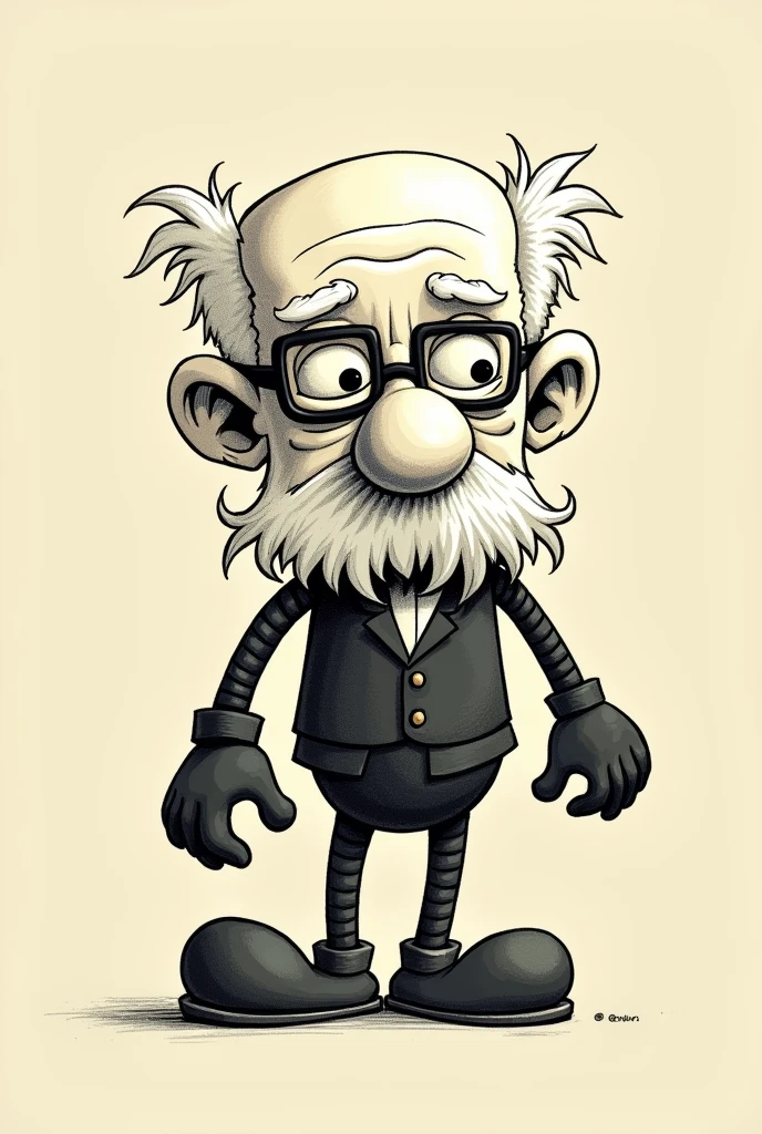 man old, large rectangular head, short wavy white hair and bald spot on top of head, wearing square glasses with rounded corners, walking, 1930s style rubber hose, rubbery arms, white gloves rounded fingers, big shoe, smiling, round cheeks, long beard, blunt mustache, drawn with black outline like cuphead. SOCIAL CLOTHES, smaller and slightly pointy nose. a little bit quietly, eyes deeper and more open.
