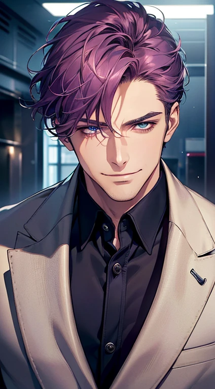 (best quality, masterpiece, 8K, photorealistic, cinematic lighting, 1:4 hdr image, ultra detailed, beautiful image), a mature man, 35 years very handsome, ((cold expression smile in love)), short  purple hair, blue eyes, face perfect without mistakes, ((buttoning his jacket, CEO)), smile.