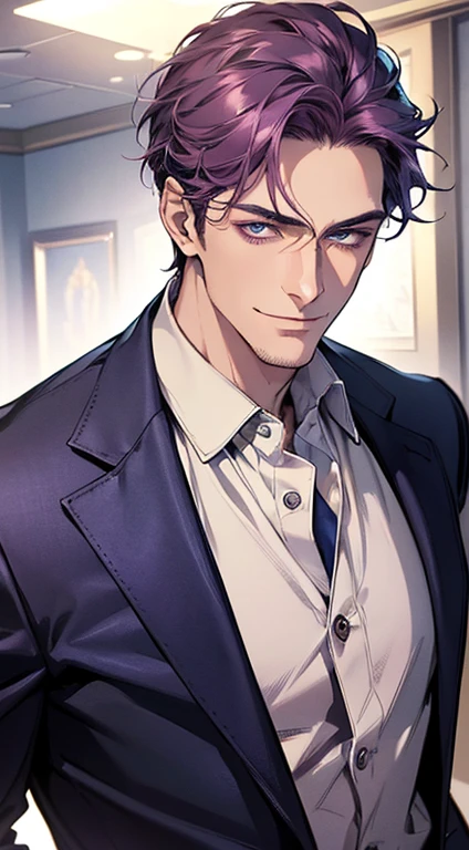 (best quality, masterpiece, 8K, photorealistic, cinematic lighting, 1:4 hdr image, ultra detailed, beautiful image), a mature man, 35 years very handsome, ((cold expression smile in love)), short  purple hair, blue eyes, face perfect without mistakes, ((buttoning his jacket, CEO)), smile.