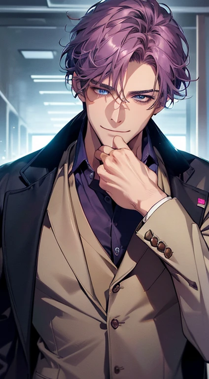 (best quality, masterpiece, 8K, photorealistic, cinematic lighting, 1:4 hdr image, ultra detailed, beautiful image), a mature man, 35 years very handsome, ((cold expression smile in love)), short  purple hair, blue eyes, face perfect without mistakes, ((buttoning his jacket, CEO)), smile.