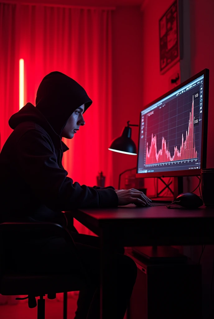 an anonymous hacker analyzing a graph on the computer in which a graph is rising from 0 to 1 million , is in a room with red lights