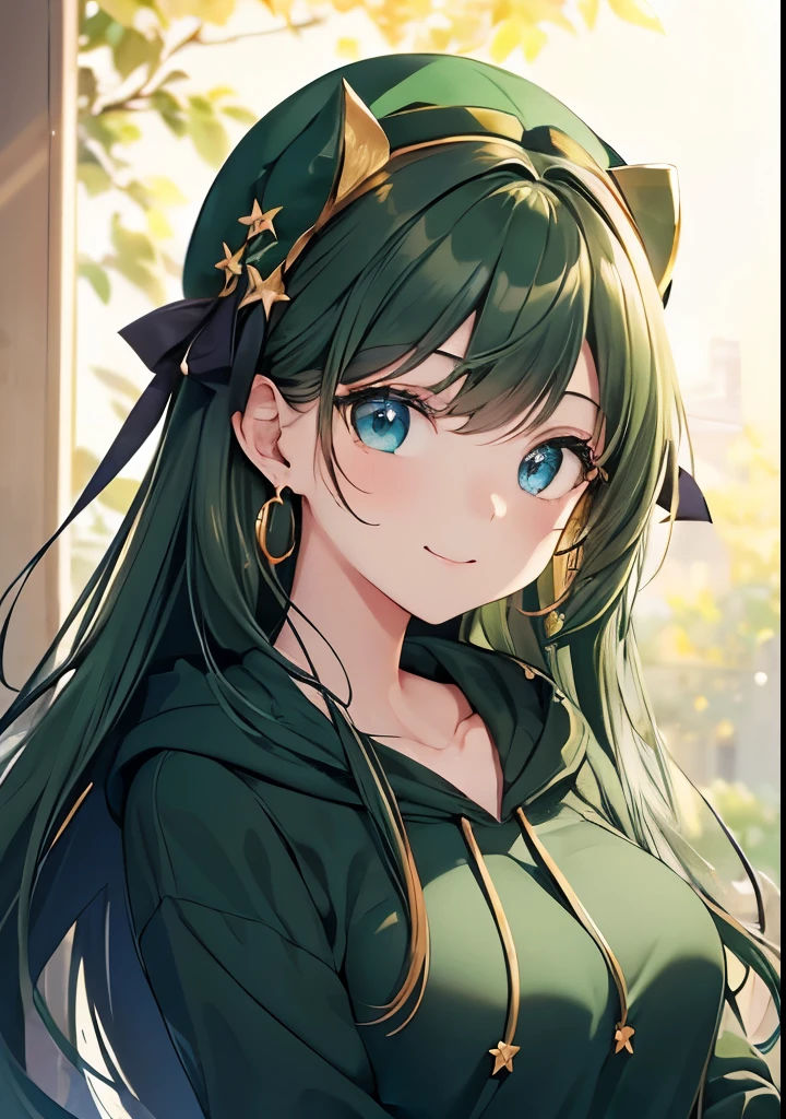 ((dark dark green hair color emphasis)), looking front, upper body image, hands on head in rabbit pose, beautiful 5 fingers, (dark dark green hair color emphasis), long straight hair, cute shaped round eyes (droopy), big blue eyes, kind and pretty face, autumn Gothic Cordage, Cute Hat, Mouth Closed Smiling, Big Golden Star Earrings, Golden Hairpin, Glittering Eyes, Aquarium, Focus on Face, Fresh Smile, Green Floral Hoodie, (High Quality, Golden No.5 Earring, Blue Eyes, Face-Up), Small Breasts, Hands, Shadowless Background, High Definition, Focus on Face.