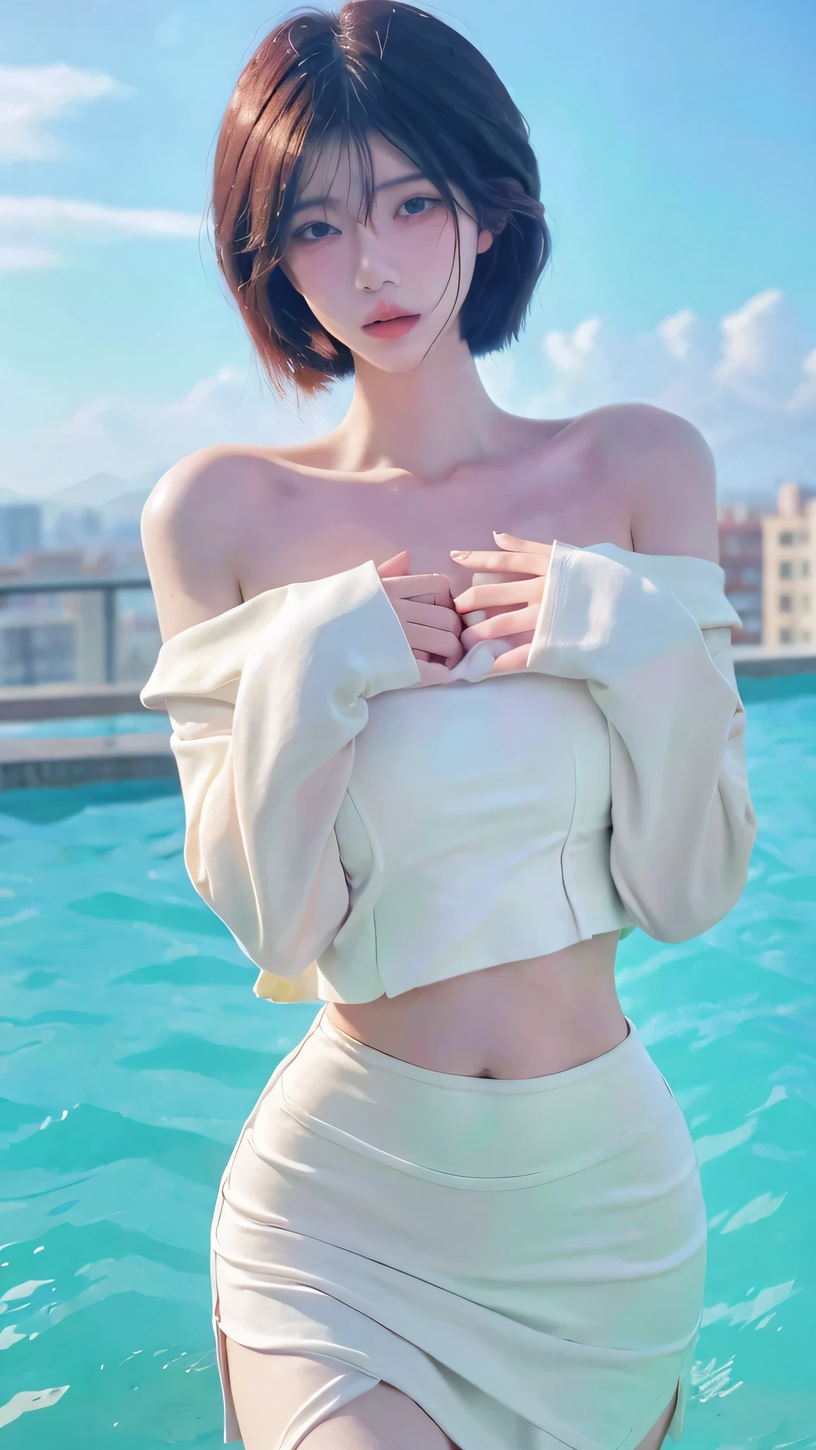 Beautiful woman with perfect figure:1.4,Swimming background,Desert Background,Ultra-high resolution,Seductive laughter,wear glasses,White legs,(lifelike:1.4),Layered Hairstyle,White skin,Black mini pleated skirt,whole body,Very delicate face and skin texture,Double eyelids,Skin Whitening,Long hair,White hair,White,
