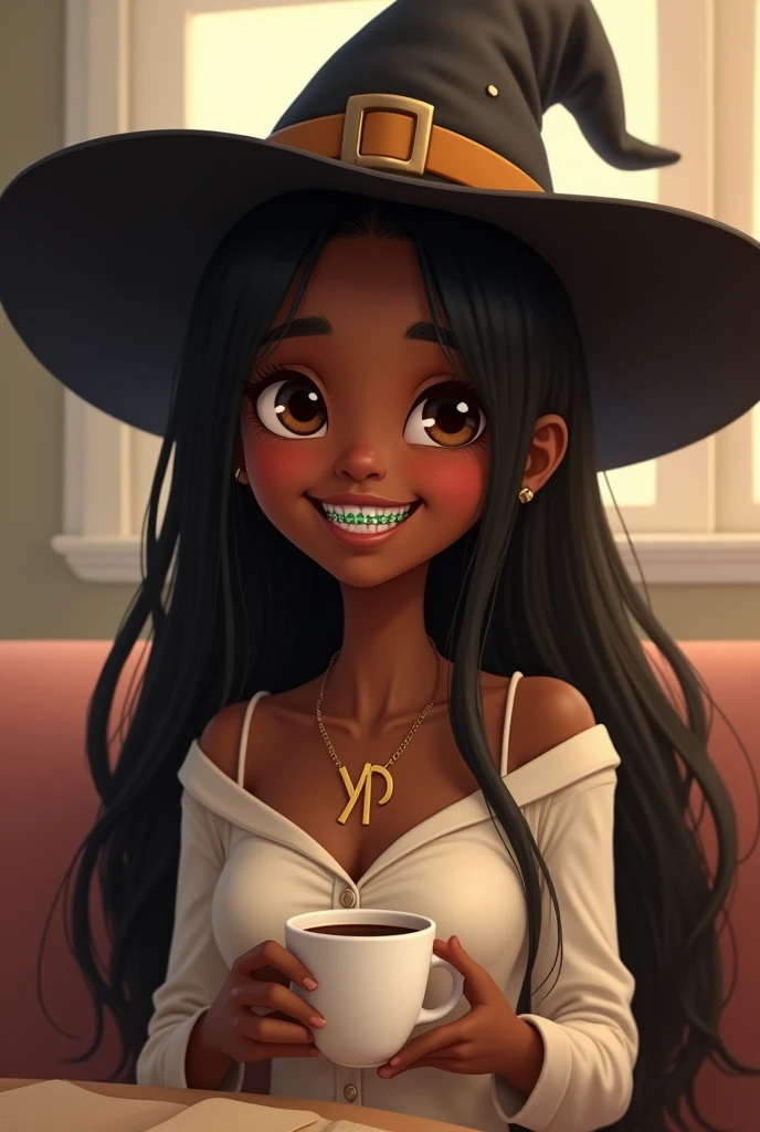 A very cute, tender witch with dark skin, long, straight black hair, wearing a witch&#39;s hat, with a pretty smile, and green braces, with brown eyes, in a white dress, and with a cup of coffee and a necklace with the initials YP.