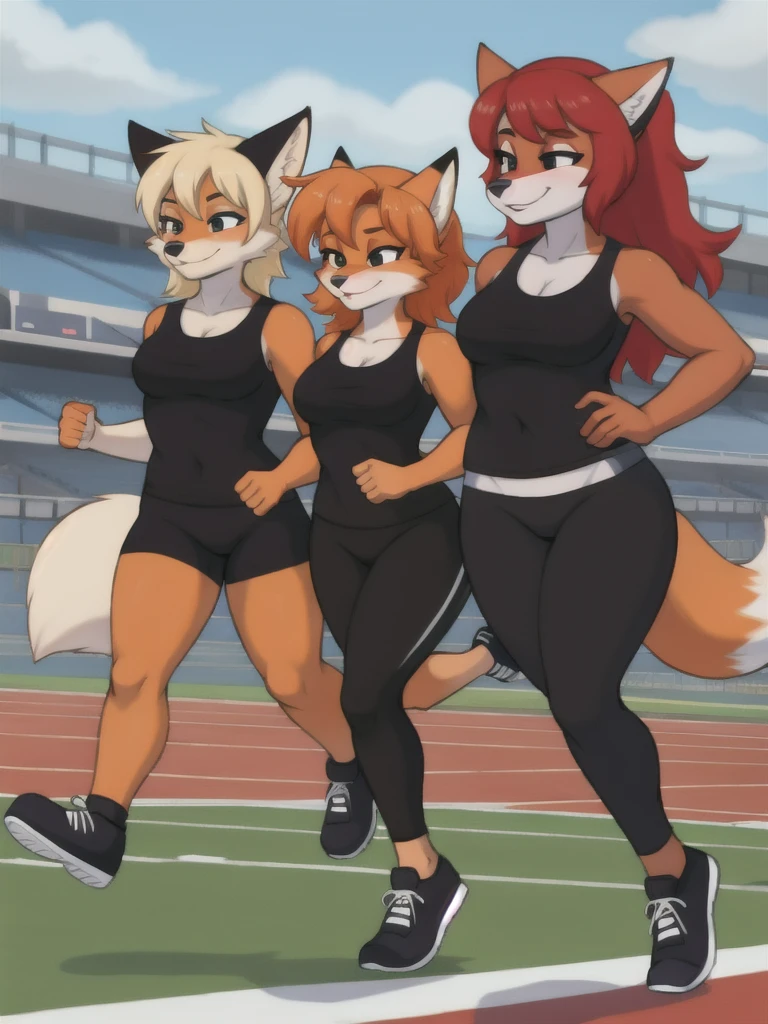 Furry, fox, female, black shirt, black leggings, shoes, running track, friends, full body