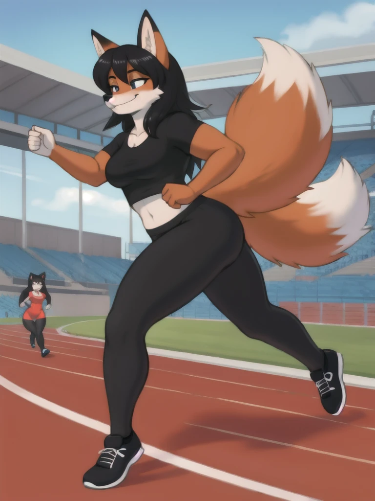 Furry, fox, female, black shirt, black leggings, shoes, running track, friends, full body