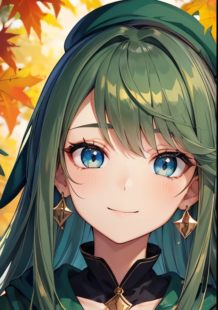 ((dark dark green hair color emphasis)), looking front, upper body image, hands on head in rabbit pose, beautiful 5 fingers, (dark dark green hair color emphasis), long straight hair, cute shaped round eyes (droopy), big blue eyes, kind and pretty face, autumn Gothic Cordage, Cute Hat, Mouth Closed Smiling, Big Golden Star Earrings, Golden Hairpin, Glittering Eyes, Aquarium, Focus on Face, Fresh Smile, Green Floral Hoodie, (High Quality, Golden No.5 Earring, Blue Eyes, Face-Up), Small Breasts, Hands, Shadowless Background, High Definition, Focus on Face.