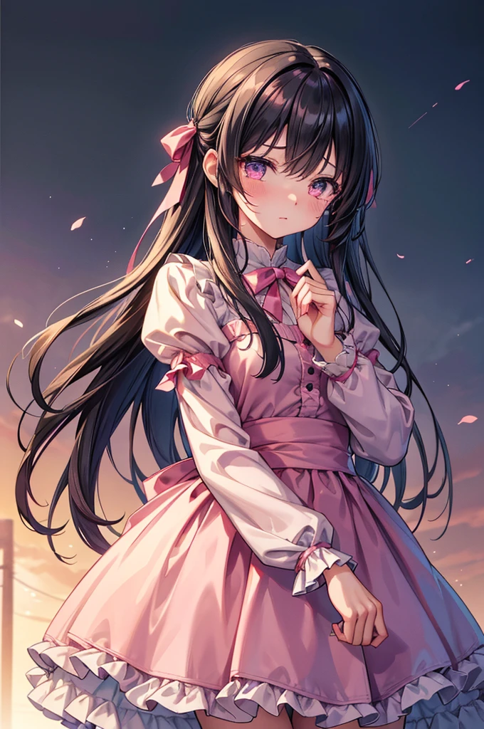 Create images based on super detailed prompts。masterpiece,Highest quality,high definition,High resolution,4K,8k,Ultra-high-definition CG,Very emotional anime style illustration。The girl has long black hair、The girl has pink hair tied with a big ribbon.、Wearing a frilly dress、Has a softer look。With tears in her eyes、It emphasizes the intense emotion of the scene.。They are chained、My hands are tied in handcuffs、It symbolizes deep ties and a common destiny.。The colors are mainly pink and muted.(Modest)By color、It creates a sad yet dramatic atmosphere.。The background is light and soft.、The character stands out as the center of the image.。