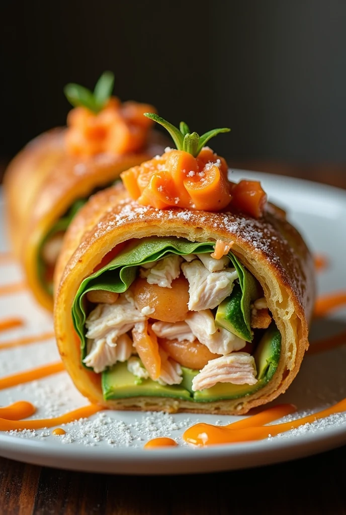 Lima-style cause in the form of a pionono, with avocado inside, tuna, Shredded chicken combined with mayonnaise and vegetables, decorated with chili cream on the outside