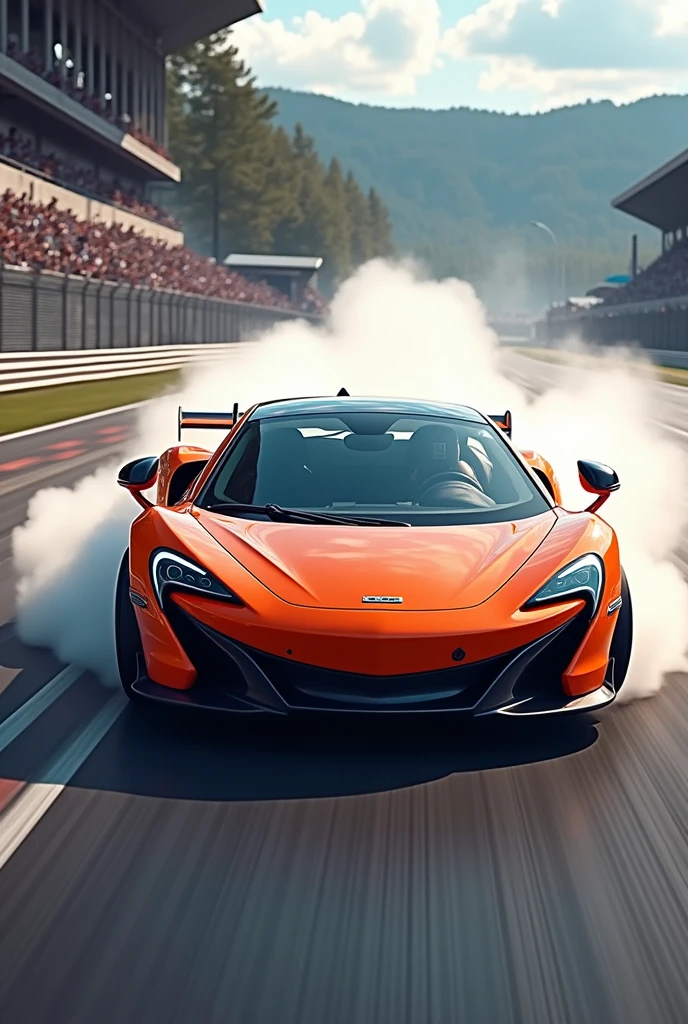 Imagine a shiny McLaren, perhaps in a bright color like orange or green, skidding on a track with smoke coming out of the tires. The background could be an exciting race track with lively spectators.. the phrase "making cuchaw" It could be written in a graphic style at the top of the image. It would be a pretty epic image! If you need more ideas to create it, tell me!