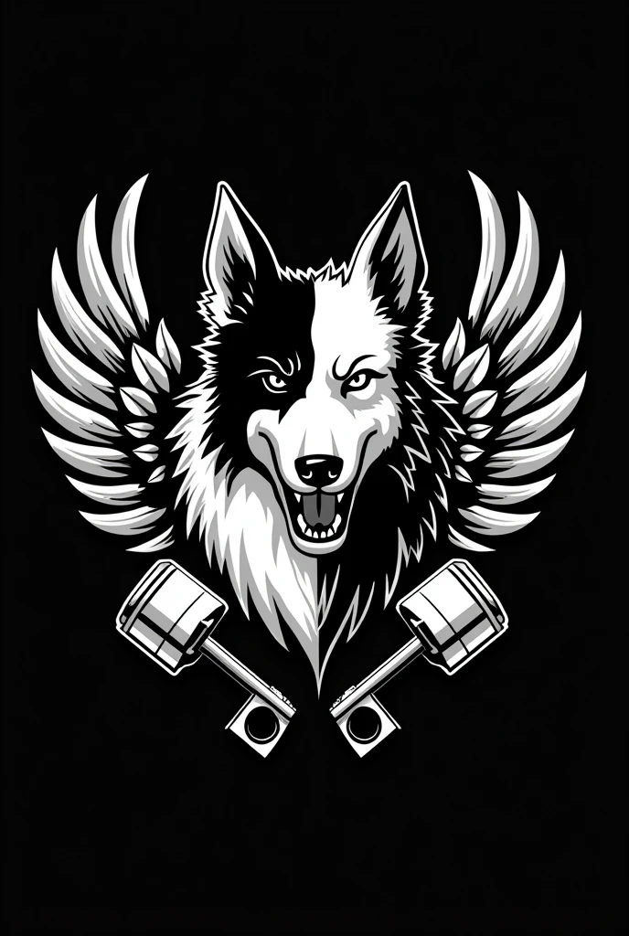 I need a coat of arms for a motorcycle club in black and white with a white border colie dog with only the right ear black(but not up to the eye) and angry in the middle but only his bust, with small wings coming out from behind him on the sides, and two crossed pistons coming out of the bottom of the dog's head